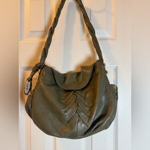 B. Makowski Greenish Gray Soft Leather Shoulder Bag magnetic closure